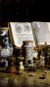 Contenitori con insegna della Spezieria di Santa Fina a San Gimignano e libro ricettario